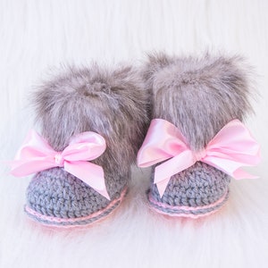 Gray and pink fur booties, Newborn girl shoes, Preemie girl shoes, Crochet slippers, Baby girl gift, Baby girl shoes, Baby girl boots, Uggs image 2