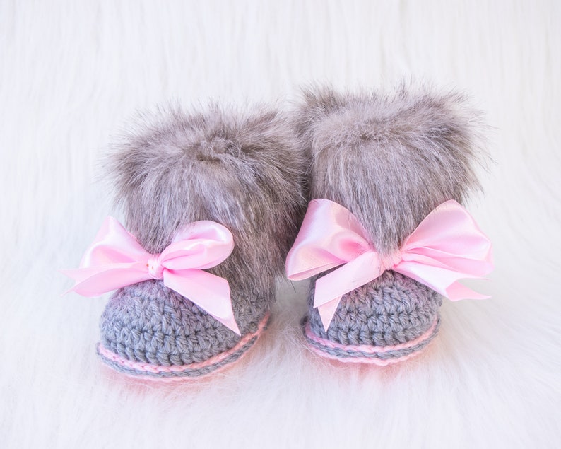 Gray and pink fur booties, Newborn girl shoes, Preemie girl shoes, Crochet slippers, Baby girl gift, Baby girl shoes, Baby girl boots, Uggs image 2