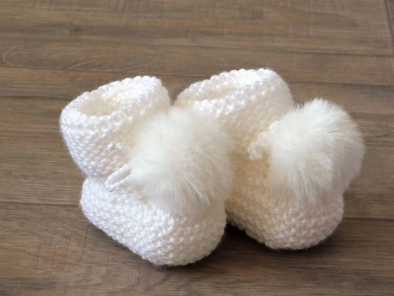 White Booties with fur pom poms Knitted baby booties Etsy