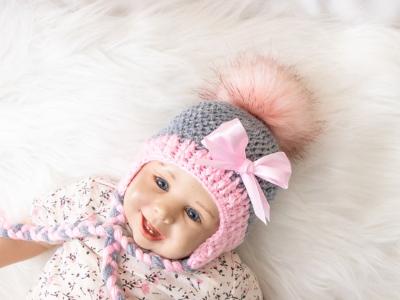 Gray and Pink Fur Pom Pom Hat With Bow Girls Winter Hat Crochet