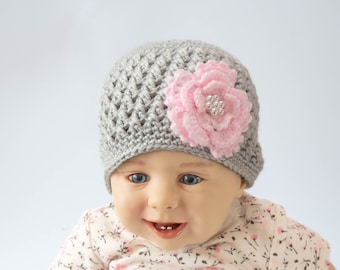 Crochet Gray and pink Flower hat, Baby girl Hat, sizes preemie to adult