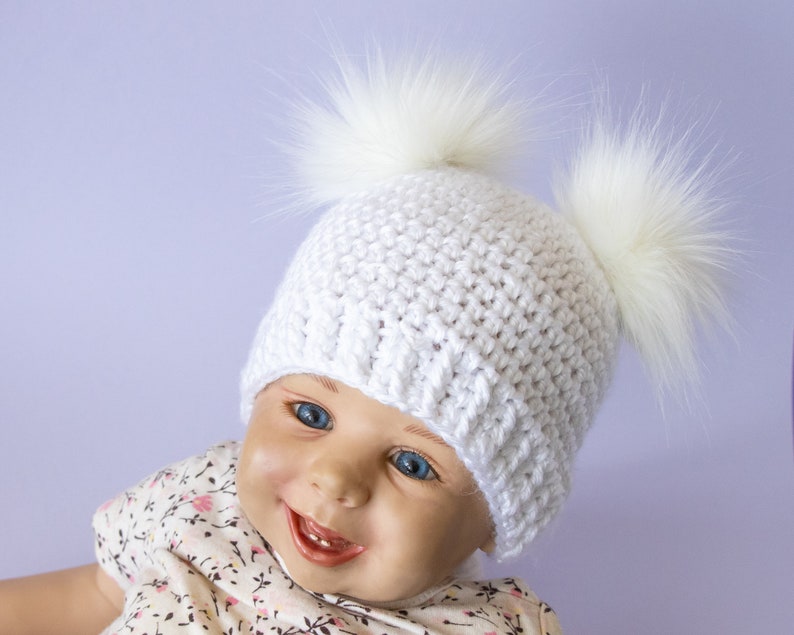 White hat and bootie set, Double pom pom hat, Faux fur booties, Unisex baby gift, Gender neutral baby winter outfit, Sizes up to 24 months image 3