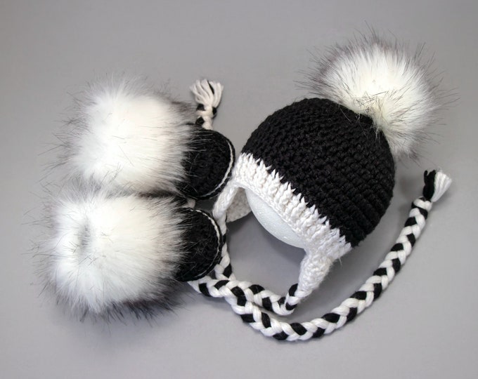 Crochet Black and White baby hat and booties, Unisex Baby winter clothes, Faux Fur booties, Fur pom earflap hat, Newborn boy or girl outfit