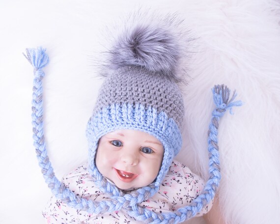 Pom Hat Fit 0-3 Months New Hand Crochet//Knit Baby Boys Blue Pom