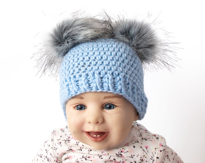 Blue Baby boy fur double pom pom beanie, Pom pom hat, Newborn boy hat, Baby boy Winter hat, Baby Hat, Newborn boy beanie, Preemie beanie