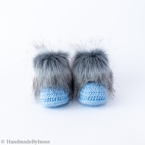 Baby boy Double pom hat and booties, Handmade Baby boy outfit, Newborn winter outfit, Fur booties, Double pom pom hat image 3