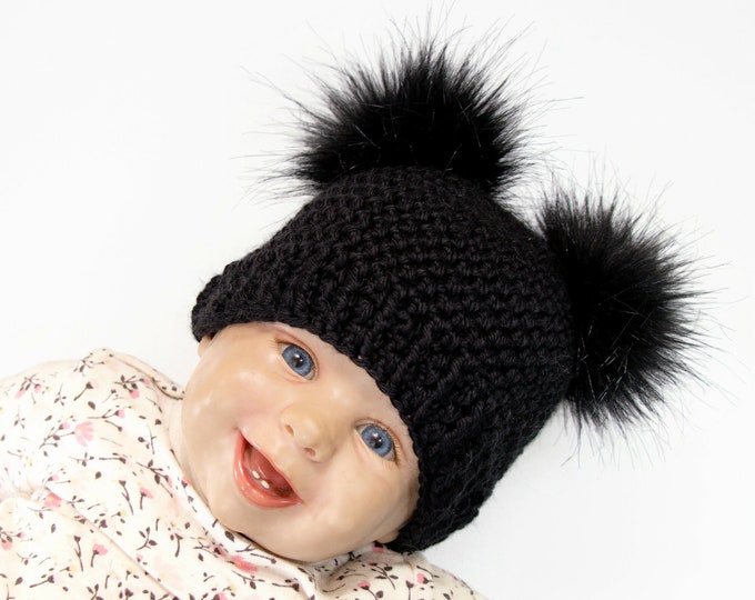 Black double pom pom hat  Crochet beanie, Fur pom pom beanie, Black hat, Unisex beanie, Baby winter hat, Newborn beanie, Toddler kids hat