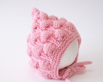 Pink girls hand knitted bonnet hat, Sizes Preemie to Adult