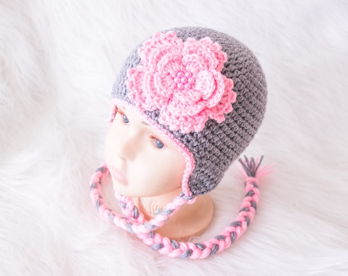 Crochet Gray and pink Baby girl flower hat, Gray flower hat, Baby girl hat, Newborn girl hat, Earflap hat, Baby girl gift, Baby girl clothes