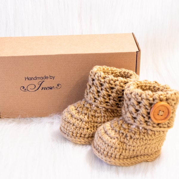 Crochet double sole booties, Gender Neutral booties, Unisex Preemie baby shoes, Golden brown Newborn booties, Infant shoes, Baby shower gift