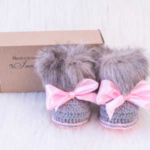 Gray and pink fur booties, Newborn girl shoes, Preemie girl shoes, Crochet slippers, Baby girl gift, Baby girl shoes, Baby girl boots, Uggs image 6