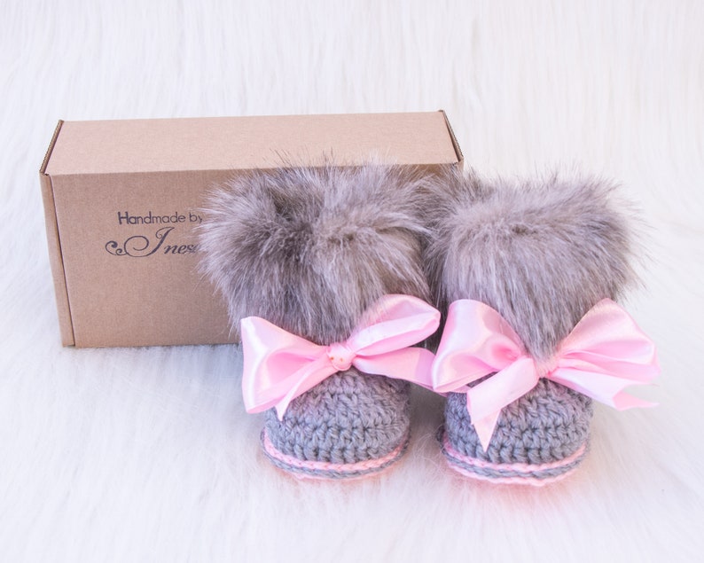 Gray and pink fur booties, Newborn girl shoes, Preemie girl shoes, Crochet slippers, Baby girl gift, Baby girl shoes, Baby girl boots, Uggs image 6