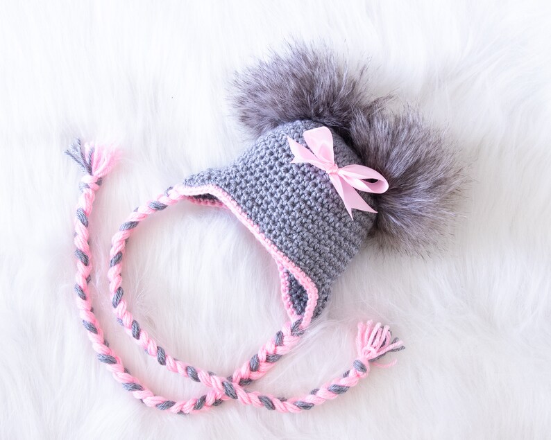 Gray and Pink Double pom hat with bow Newborn girl hat Baby Etsy