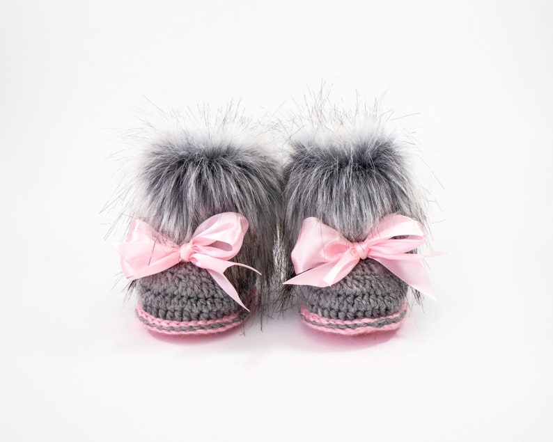 Gray and pink baby girl pom pom hat and fur booties with bows, Newborn Girl gift, Baby girl booties, Baby girl hat, Preemie girl outfit image 7