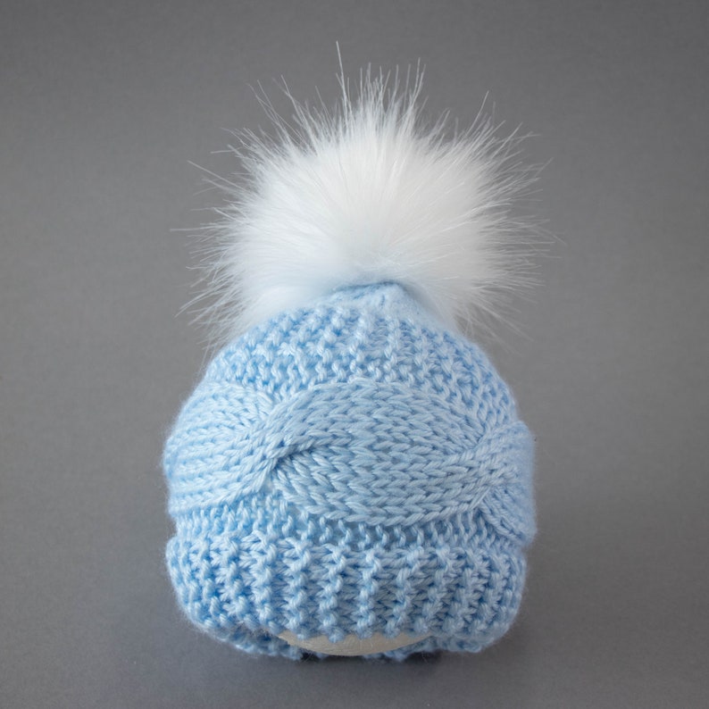 Blue hand knitted pom pom hat, Newborn boy hat, Preemie boy hat, Boys winter hat image 3