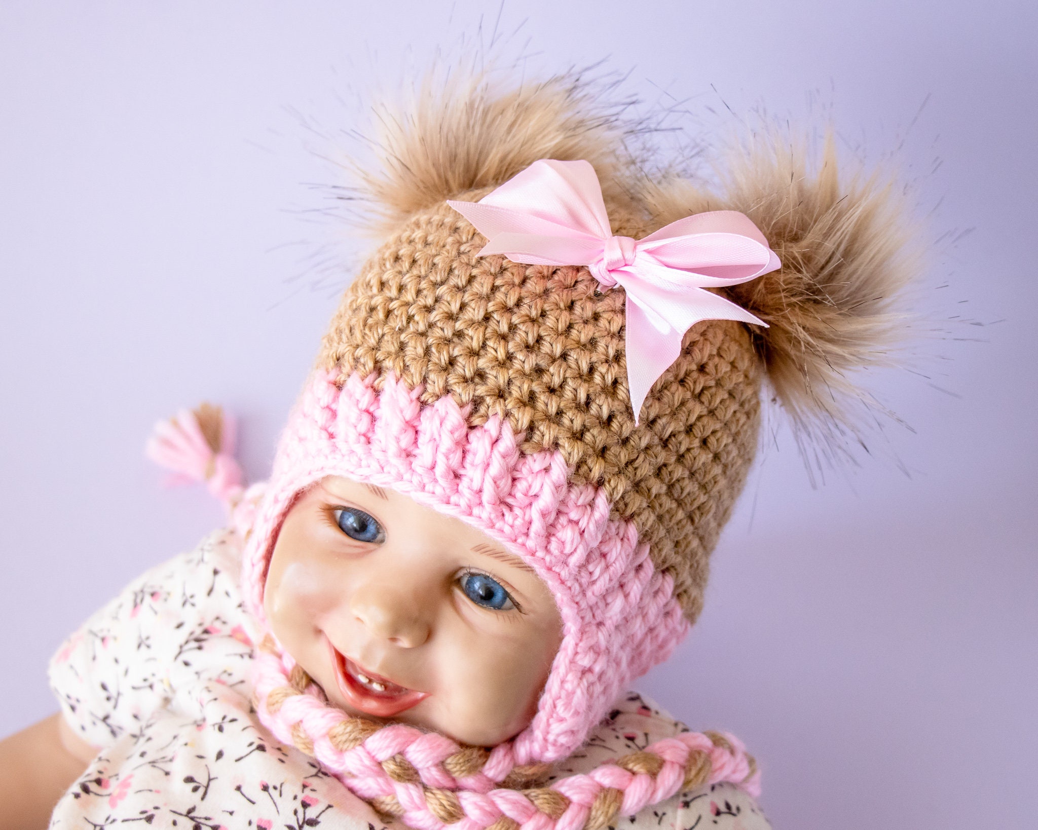 LillyGraceSparkle Coral Pink Baby Girl hat,handmade Crochet Hat Gradient Coral Pink Color with Beige Faux Fur Pompom, Fall or Winter Beanie Hat, Toddler Hat Pink / 6-12