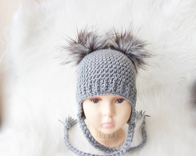 Gray Double pom hat, Newborn hat, Baby hat, Boy or girl, Crochet baby hat, Faux Fur pom pom, Baby earflap hat, Toddler hat, gender neutral