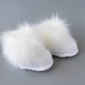 White hat and bootie set, Double pom pom hat, Faux fur booties, Unisex baby gift, Gender neutral baby winter outfit, Sizes up to 24 months image 10