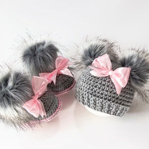 Gray and pink Baby girl double pom pom hat and bootie set, Newborn Girl gift, Baby girl winter clothes, Preemie girl clothes, Fur booties image 1