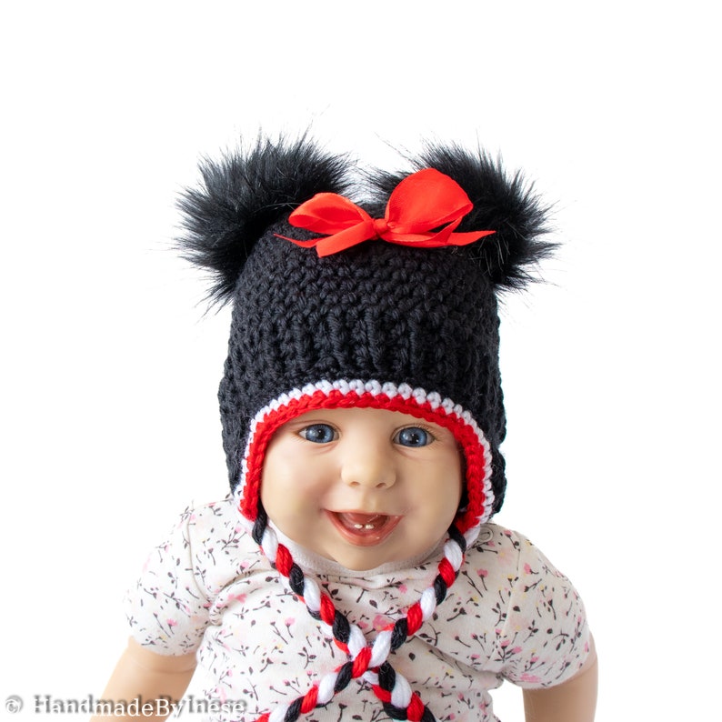 Crochet Minnie Mouse inspired hat, Double pom pom earflap hat, Baby girl hat, Girls Photography Prop Hat, Sizes preemie to adult image 2