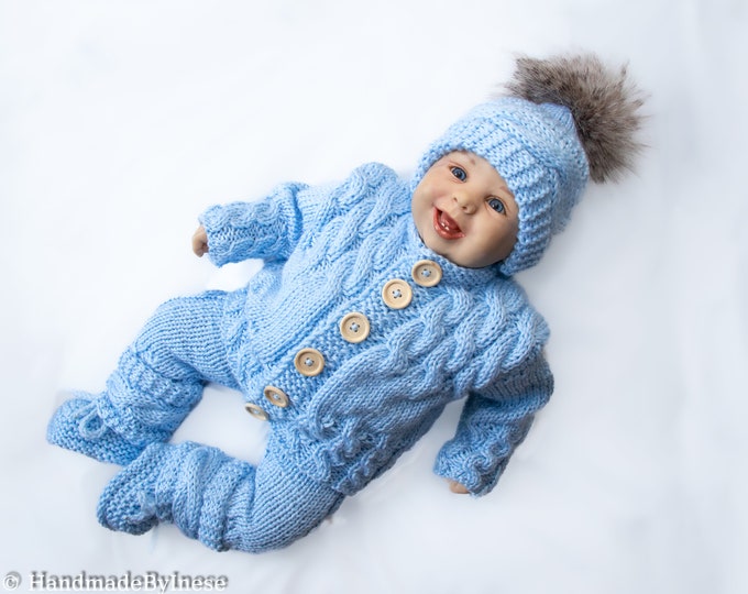 Baby boy home coming outfit, Blue hand knitted baby outfit, Newborn boy outfit, Take home outfit, Baby knitwear, Baby boy gift