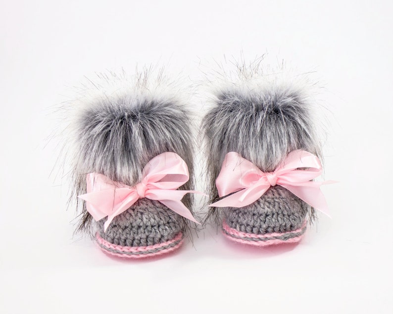 Gray and pink baby girl pom pom hat and fur booties with bows, Newborn Girl gift, Baby girl booties, Baby girl hat, Preemie girl outfit image 10