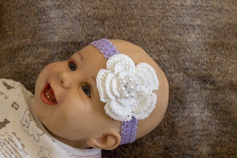 Baby shower gift Purple and white Baby Girl flower Headband Crochet headband Baby girl gift- Newborn Headband Purple baby headband