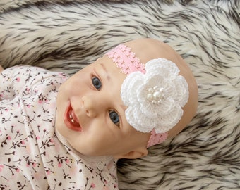 Baby Girl Headband - Crochet headband - Flower headband - Christening - Baptism - Infant Headband - Baby shower gift - Pink baby headband