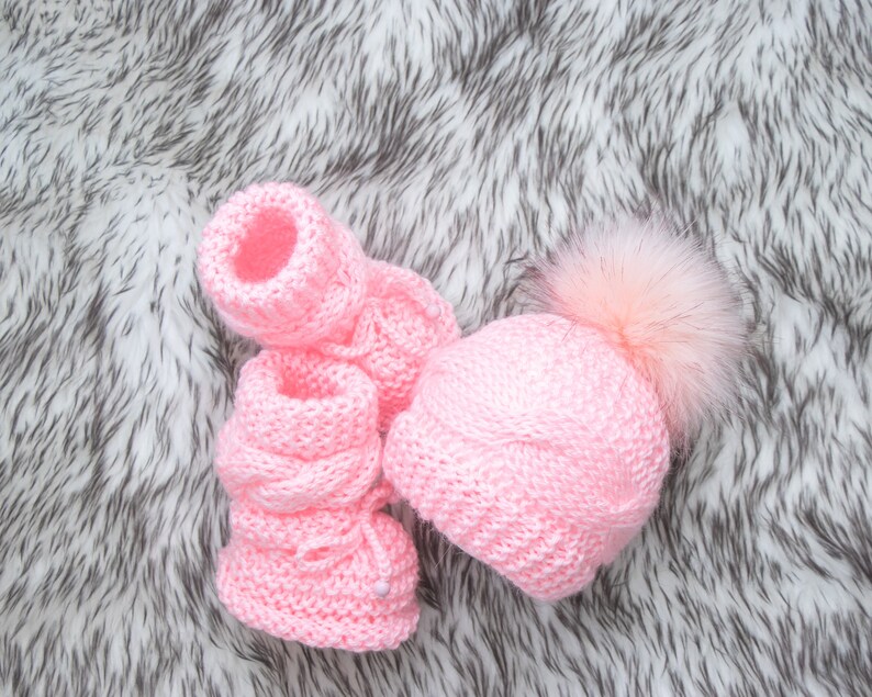Pink Baby Booties and hat, Knitted Baby Hat, Knitted Baby Booties, Baby girl outfit, Baby girl booties, Baby girl beanie, Baby girl gift image 10