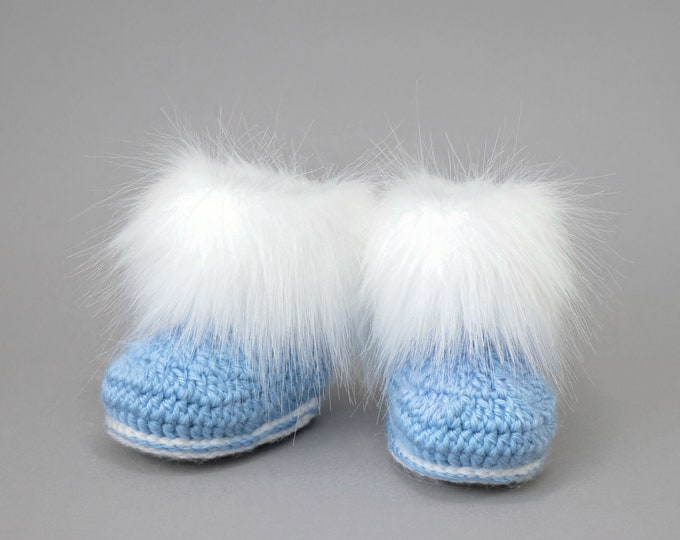 Baby boy booties, Preemie boy shoes, Faux Fur booties, Baby winter boots, Crochet baby booties, Infant shoes, Newborn shoes, Baby boy gift