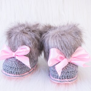 Gray and pink fur booties, Newborn girl shoes, Preemie girl shoes, Crochet slippers, Baby girl gift, Baby girl shoes, Baby girl boots, Uggs image 7