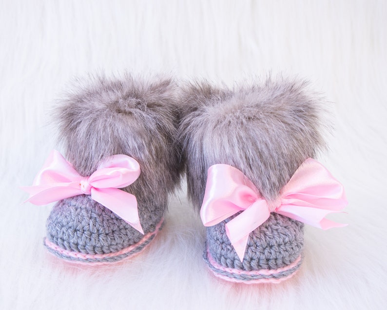 Gray and pink fur booties, Newborn girl shoes, Preemie girl shoes, Crochet slippers, Baby girl gift, Baby girl shoes, Baby girl boots, Uggs image 7