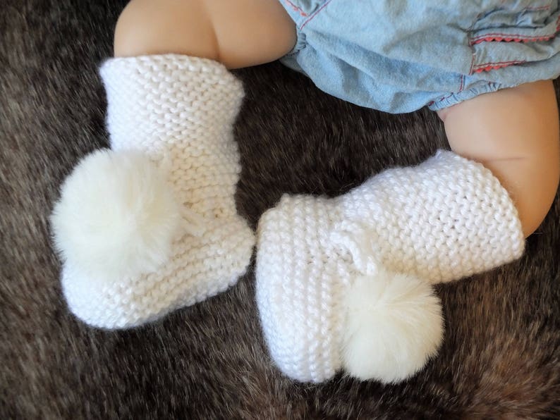 White Booties with fur pom poms Knitted baby booties Etsy