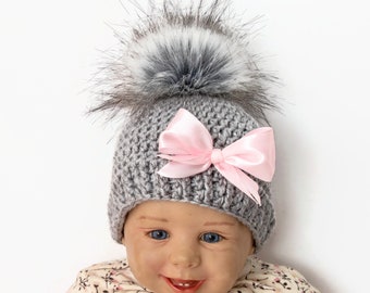 Gray Baby girl hat with bow, Pom pom hat, Toddler girl hat, Preemie hat, Crochet hat, Newborn girl hat, Baby girl gift, Baby Girl winter hat