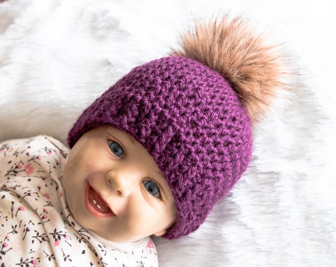 Purple pom pom beanie, Matching family hats, Crochet beanie, Fur pom hat, Gender neutral hat, Winter hat, Baby Hat, Kids hat, Baby beanie