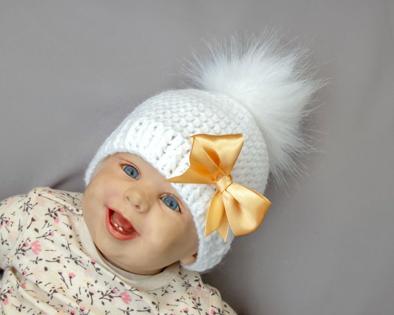Bonnet blanc pour bébé fille, bonnet à pompon pour bébé fille, bonnet pour  prématuré, bonnet au