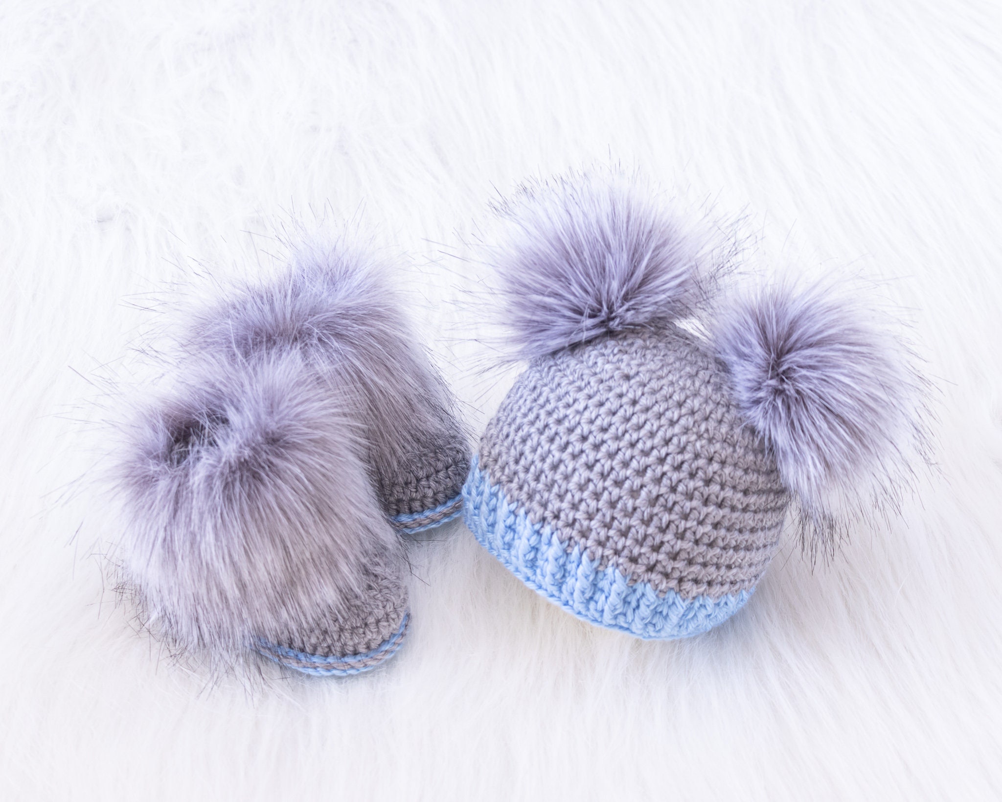 Faux Fur Double Pom Pom Hat And Fur Booties Crochet Infant Booties And Hat Newborn Boy Preemie Gift Baby Boy Gift Baby Boy Announcement