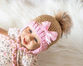 Crochet gold and pink Baby girl pom pom hat with bow, Newborn girl hat, Baby girl gift, Preemie + Toddler + Child + Adult earflap hat