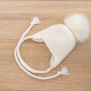 White Baby hat, Pom pom hat, Baby pom hat, Crochet fur Pom Pom Hat, Earflap hat, Gender neutral Newborn hat, Unisex baby hat, Boy girl hat image 2