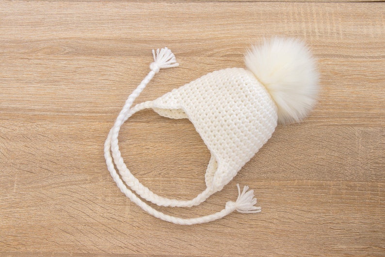 White Baby hat, Pom pom hat, Baby pom hat, Crochet fur Pom Pom Hat, Earflap hat, Gender neutral Newborn hat, Unisex baby hat, Boy girl hat image 2