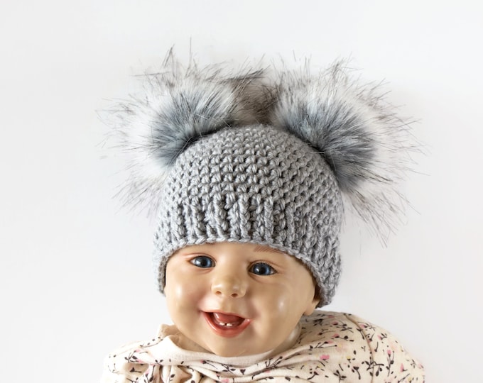 Stone gray double pom pom hat, Fur pom pom beanie, Toddler Double Pom Pom beanie, Unisex hat, Winter hat, Baby Hat, Kids hat, Baby beanie