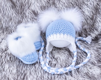 Baby boy Double pom pom hat and boots, Crochet baby set, Baby winter clothes, Fur boots, Baby boy gifts, Preemie boy, Baby boy announcement