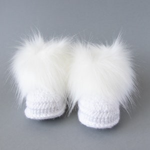 White hat and bootie set, Double pom pom hat, Faux fur booties, Unisex baby gift, Gender neutral baby winter outfit, Sizes up to 24 months image 7