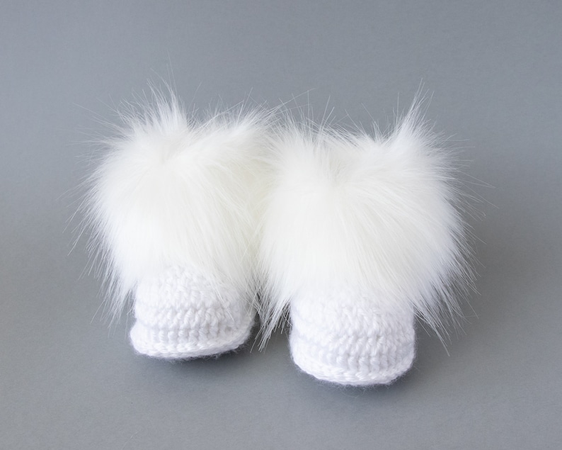 White hat and bootie set, Double pom pom hat, Faux fur booties, Unisex baby gift, Gender neutral baby winter outfit, Sizes up to 24 months image 7