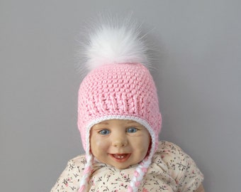 Pink and white Baby girl earflap hat, Fur Pom pom hat, Crochet baby girl hat, Newborn girl hat, Winter hats for girls, Preemie girl hat