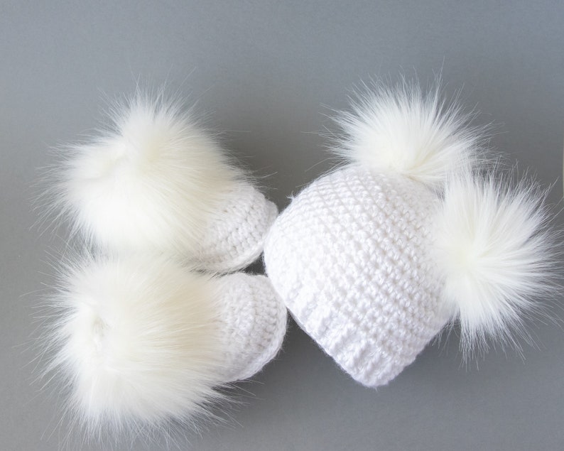 White hat and bootie set, Double pom pom hat, Faux fur booties, Unisex baby gift, Gender neutral baby winter outfit, Sizes up to 24 months image 1