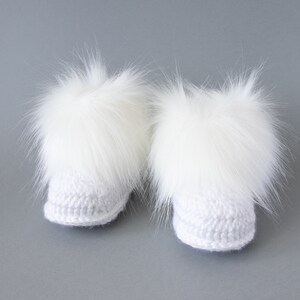 White hat and bootie set, Double pom pom hat, Faux fur booties, Unisex baby gift, Gender neutral baby winter outfit, Sizes up to 24 months image 9