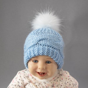 Blue hand knitted pom pom hat, Newborn boy hat, Preemie boy hat, Boys winter hat image 1