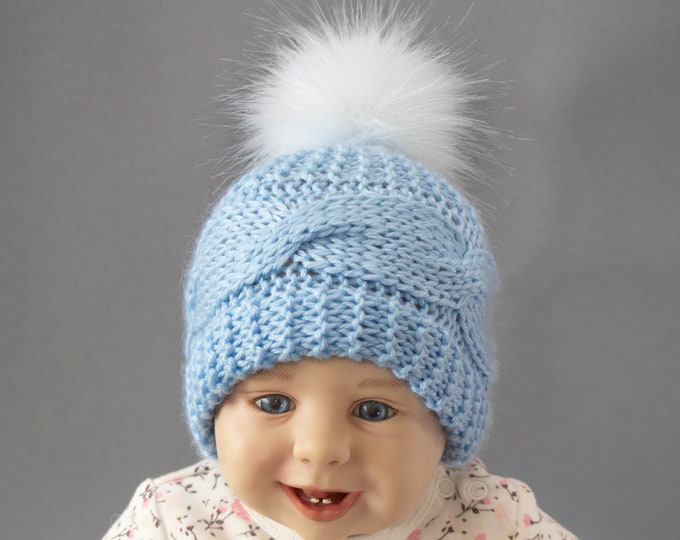 Blue hand knitted pom pom hat, Newborn boy hat, Preemie boy hat, Boys winter hat