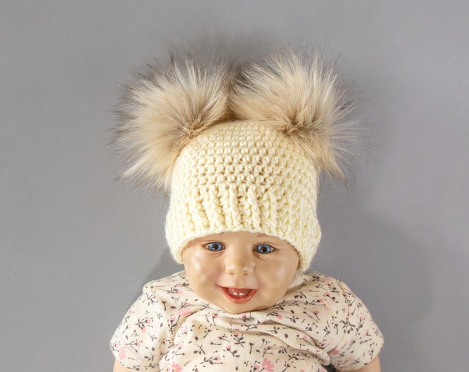 Crochet double pom hat, Fur pom pom beanie, Gender neutral baby hat, Winter hat, Preemie + Toddler + Child + Adult, Matching family beanies